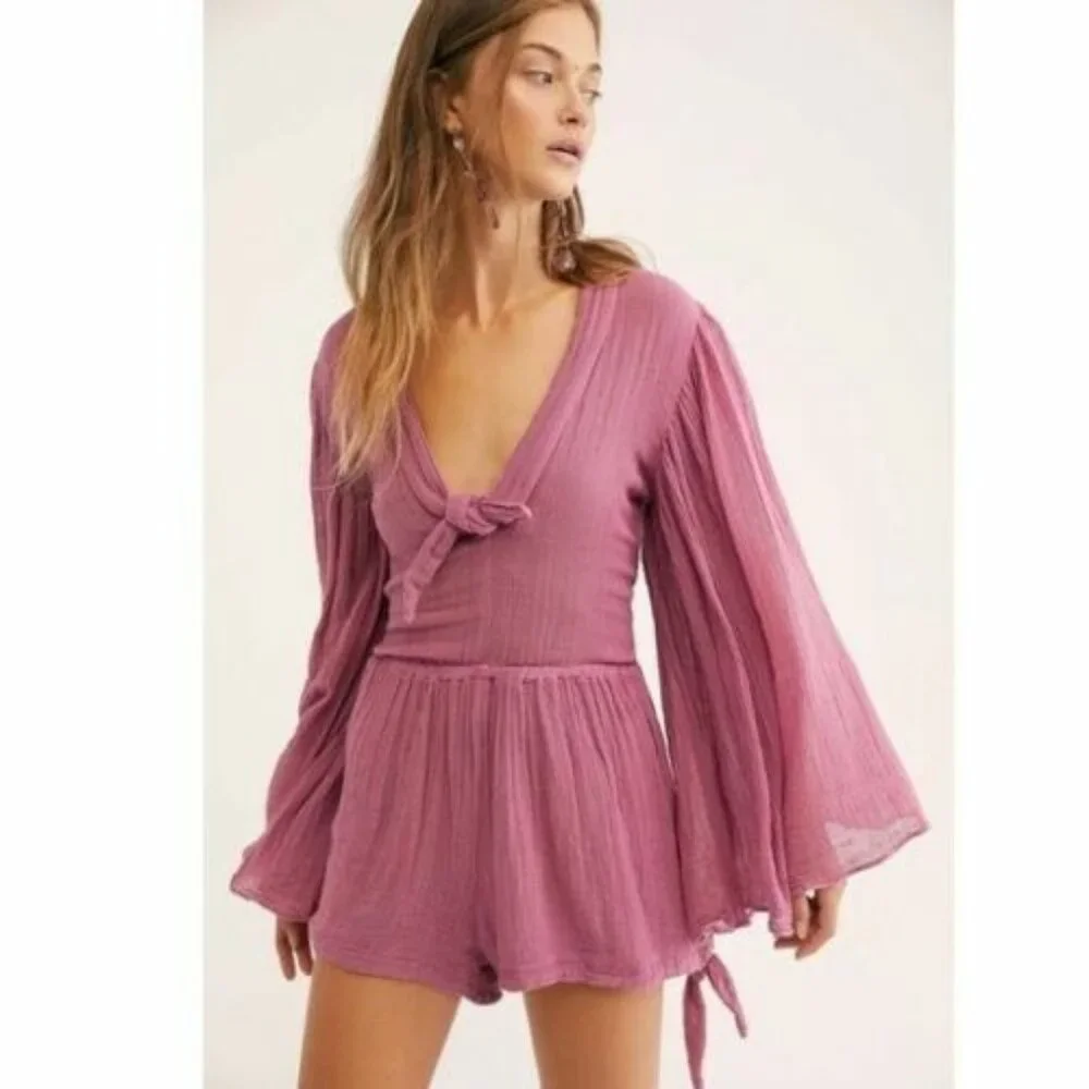 Free People Bell Sleeve Cream Romper Playsuit S| Boho Coastal Cowgirl Whimsigoth - Picture 2 of 16